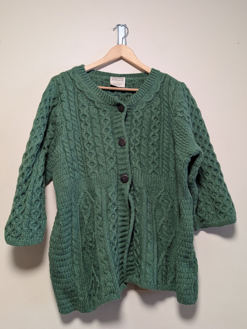 Kilronan Knitwear Irish Wool Cardigan Green Cable Knit Small Oversized